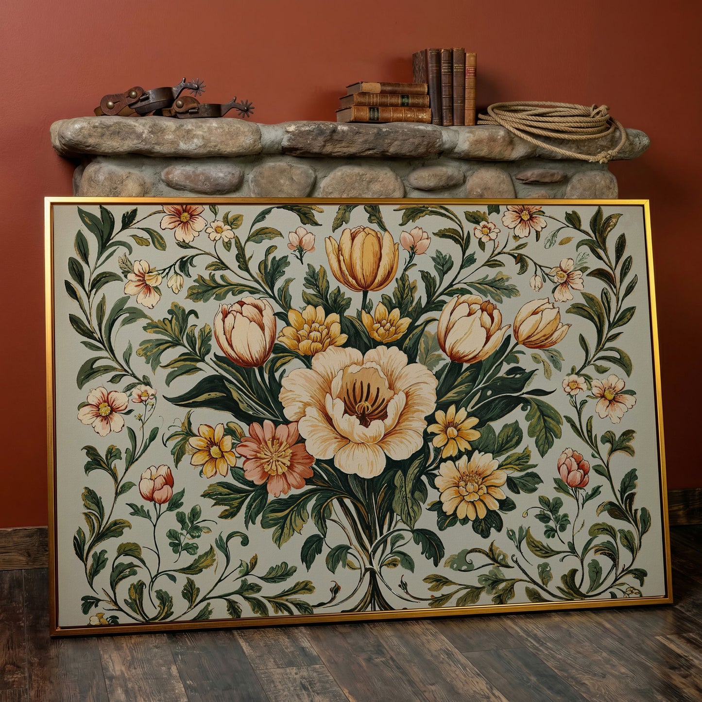 William Morris Tulip Canvas Print in antique gold floating frame