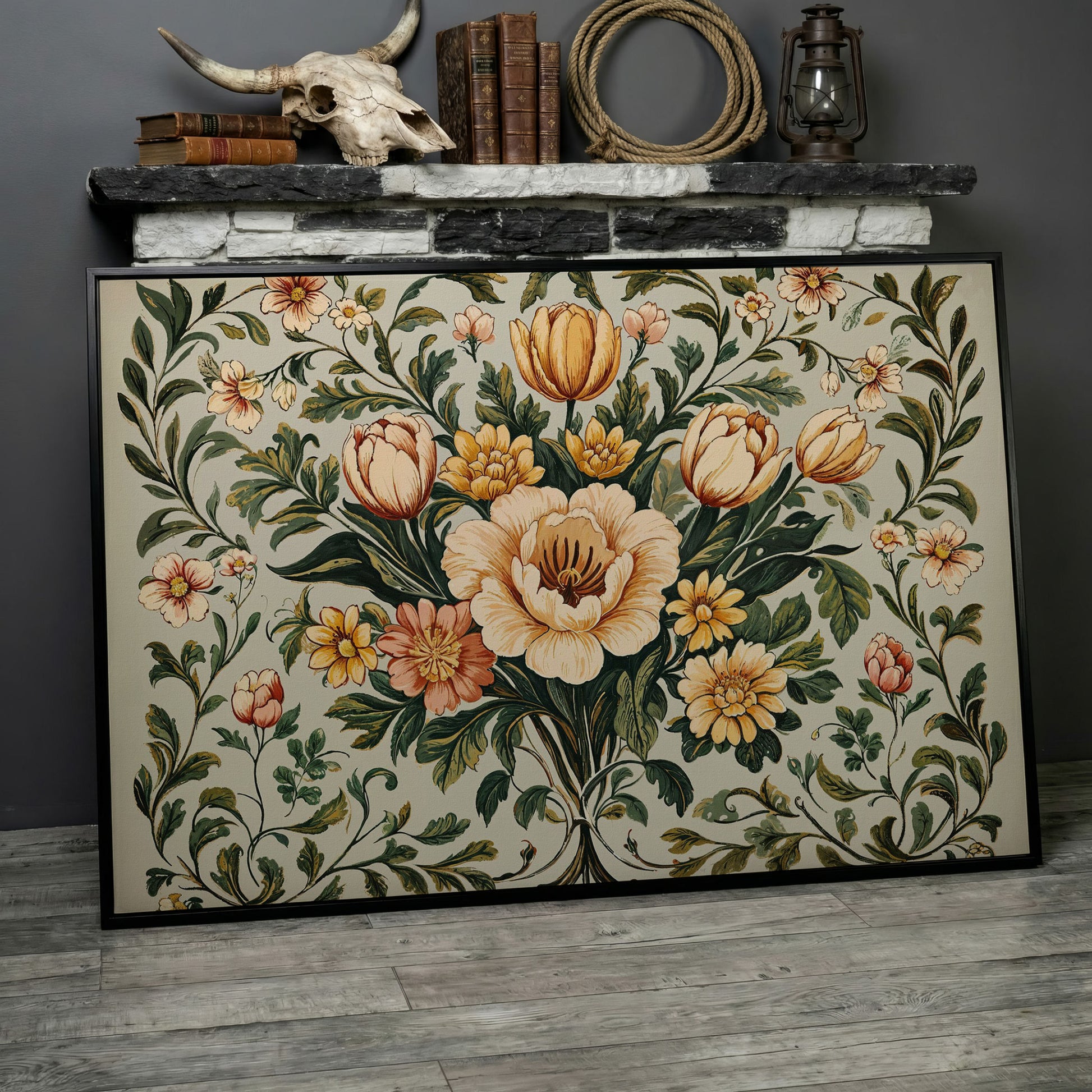 William Morris Tulip Canvas Print in black floating frame