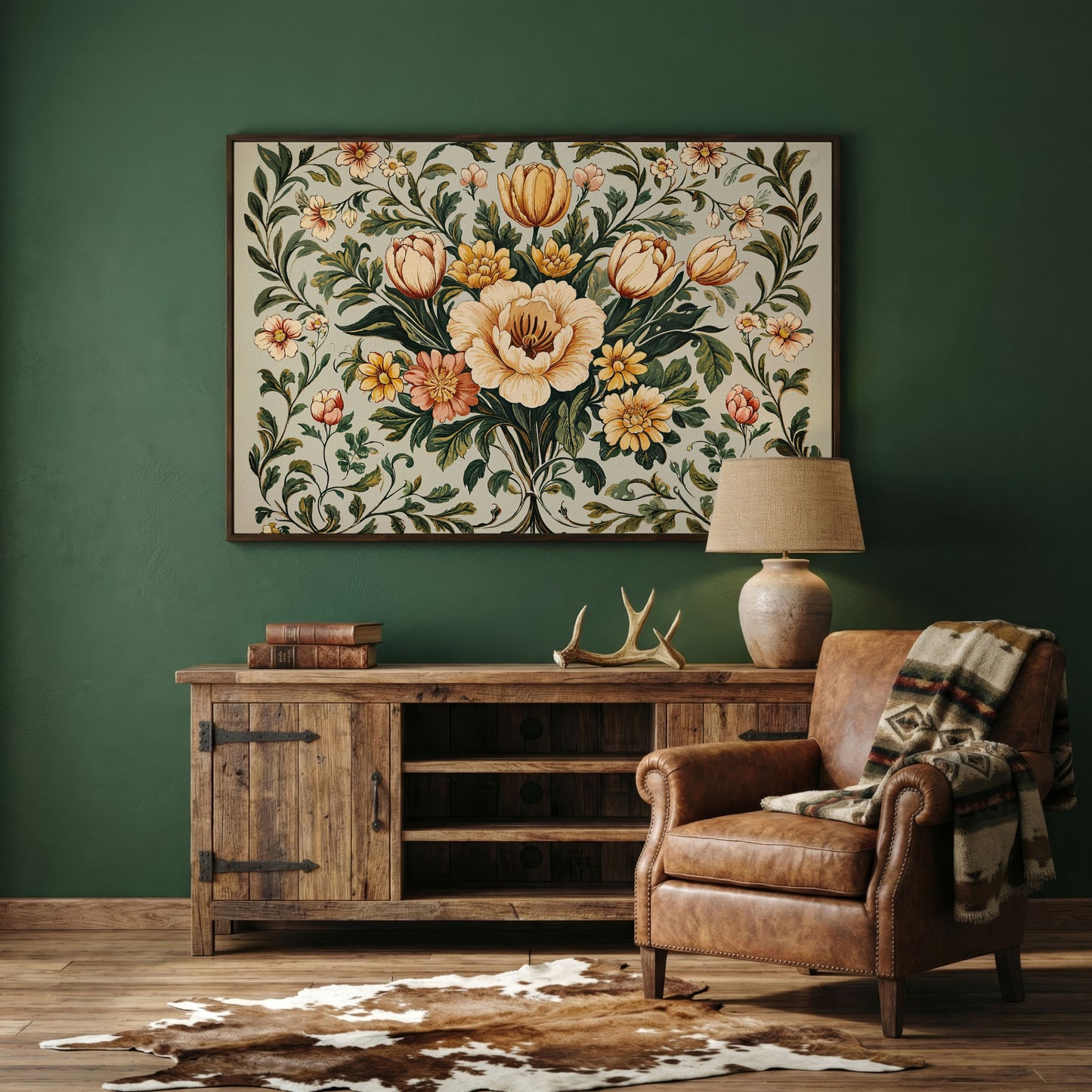 William Morris Tulip Canvas Print in dark walnut floating frame