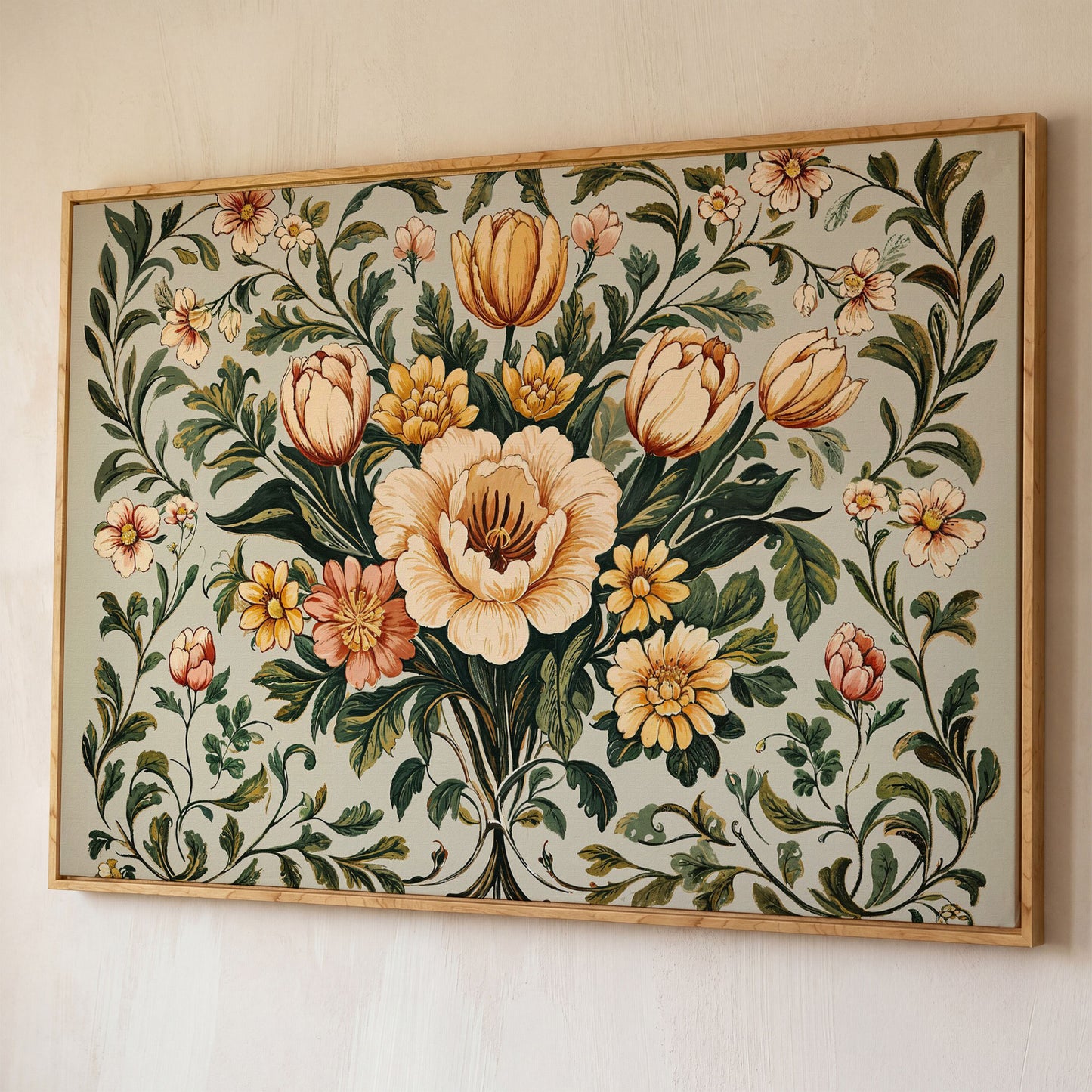William Morris Tulip Canvas Print shown in white oak floating frame