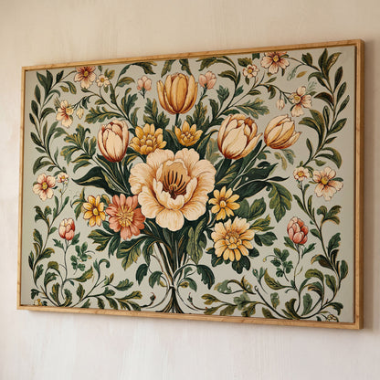 William Morris Tulip Canvas Print shown in white oak floating frame