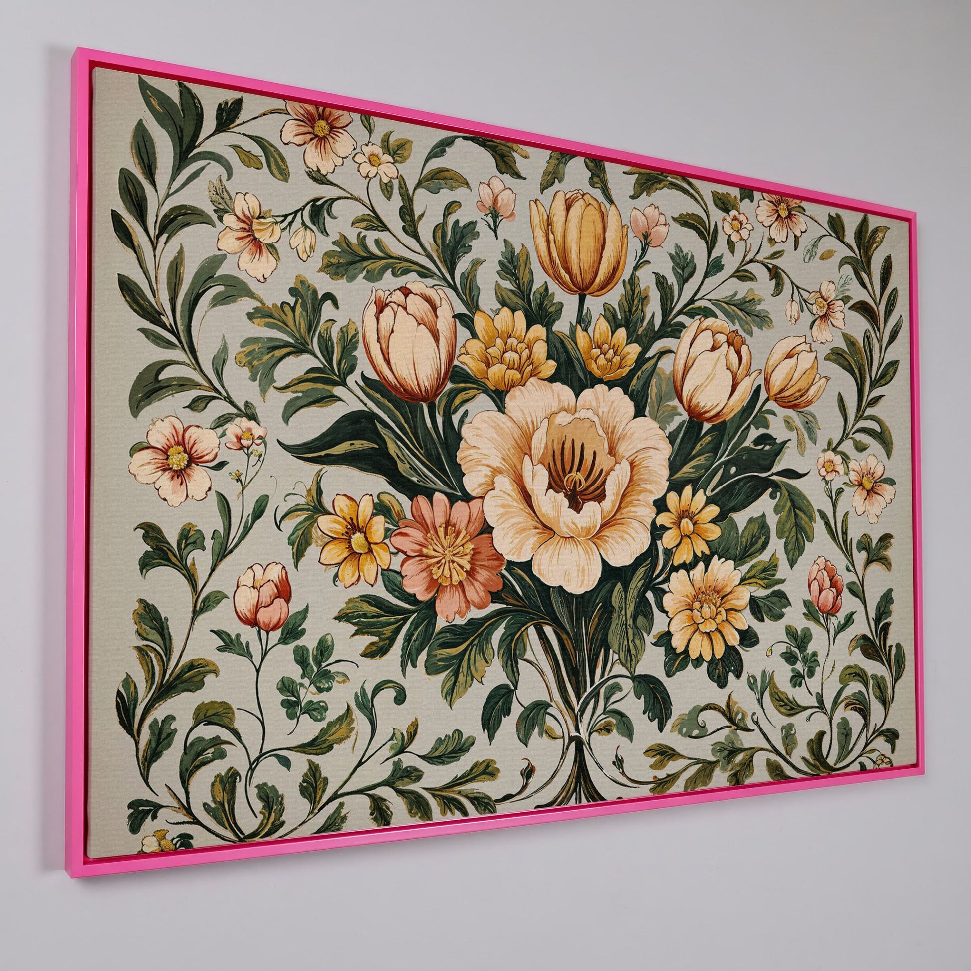 William Morris Tulip Canvas Print in pink floating frame