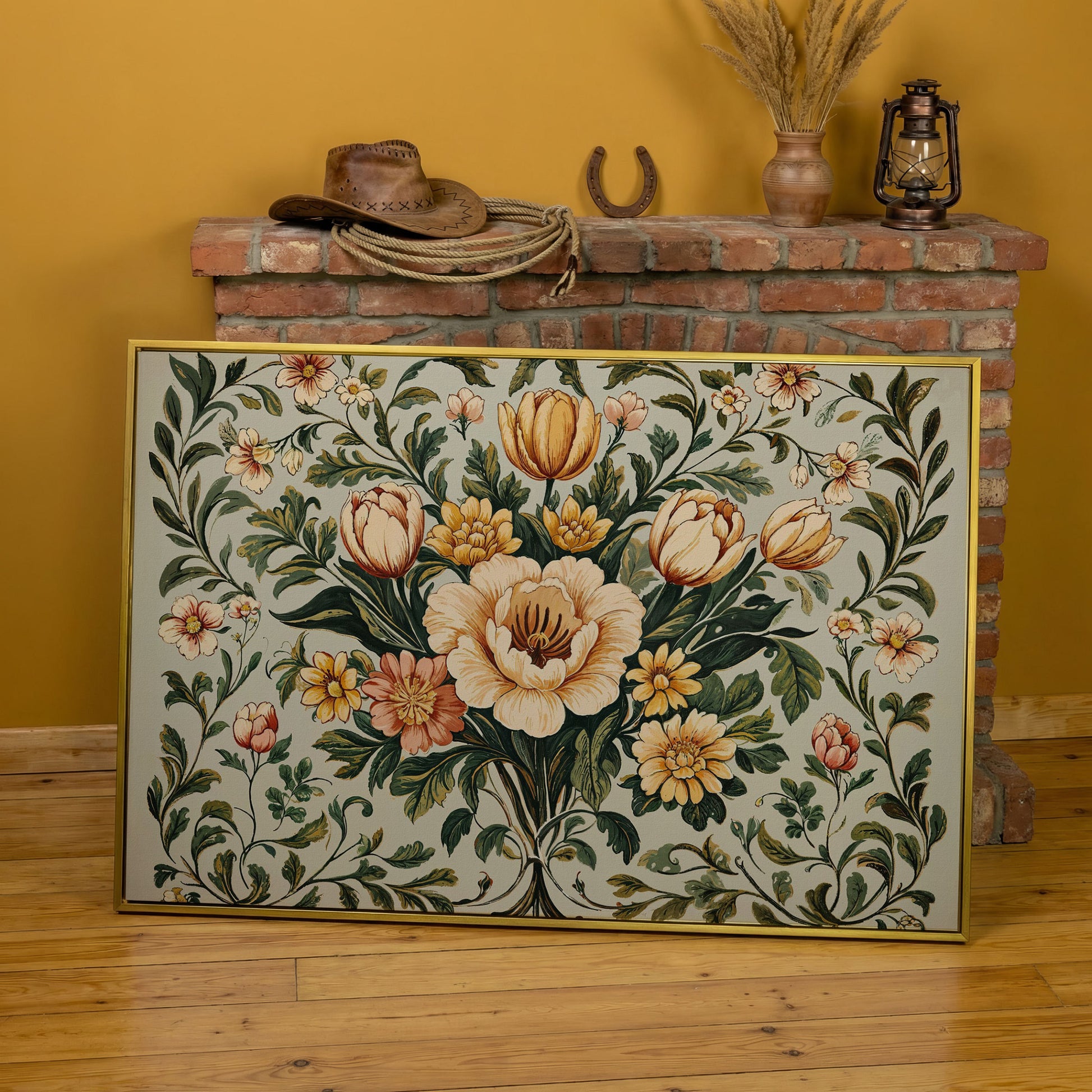 William Morris Tulip Canvas Print in yellow gold floating frame