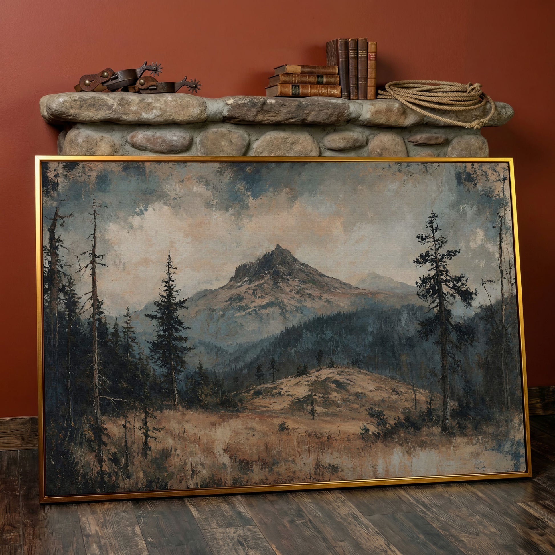 Mountain Wilderness Forest Canvas in antique gold floating frame