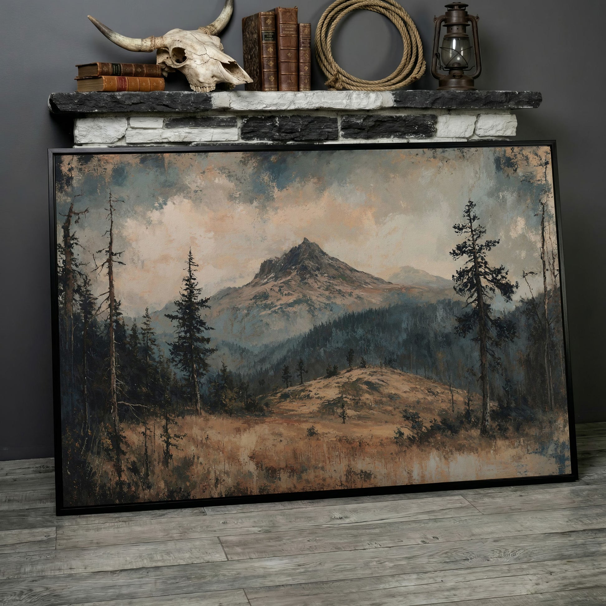 Mountain Wilderness Forest Canvas in black floating frame
