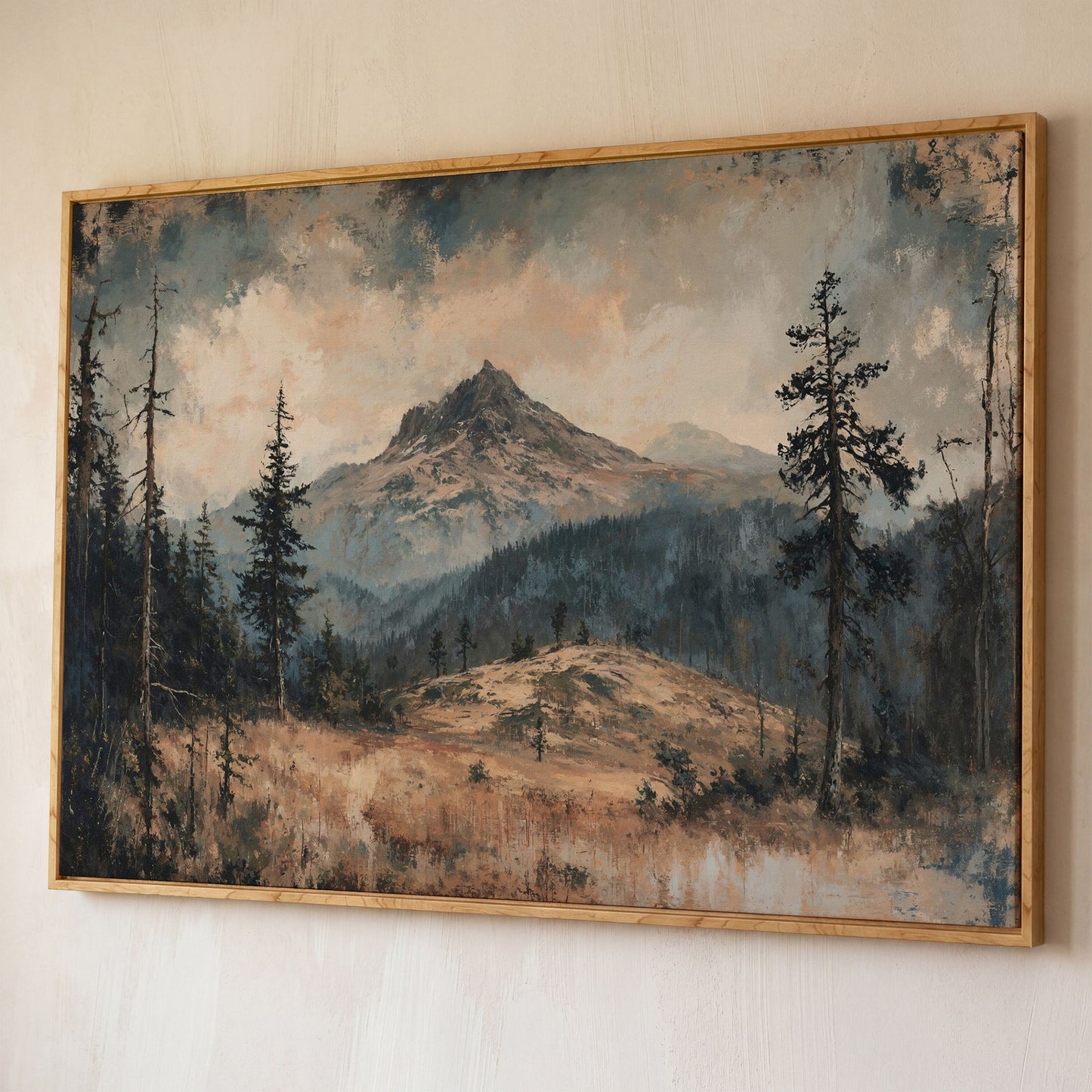 Mountain Wilderness Forest Canvas shown in white oak floating frame