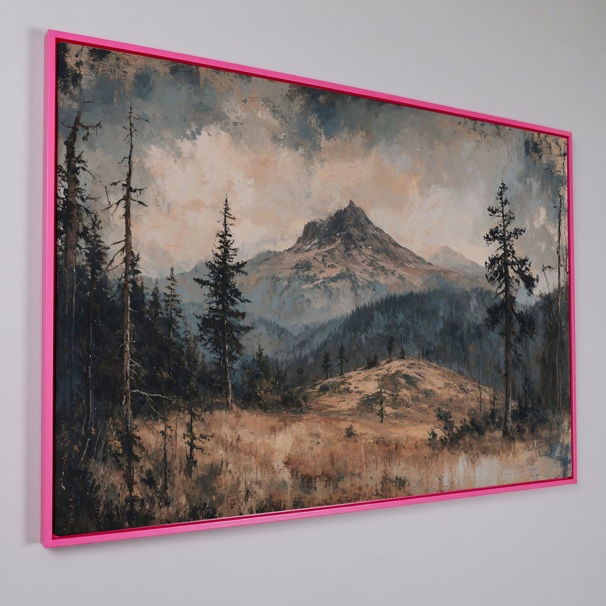 Mountain Wilderness Forest Canvas in pink floating frame