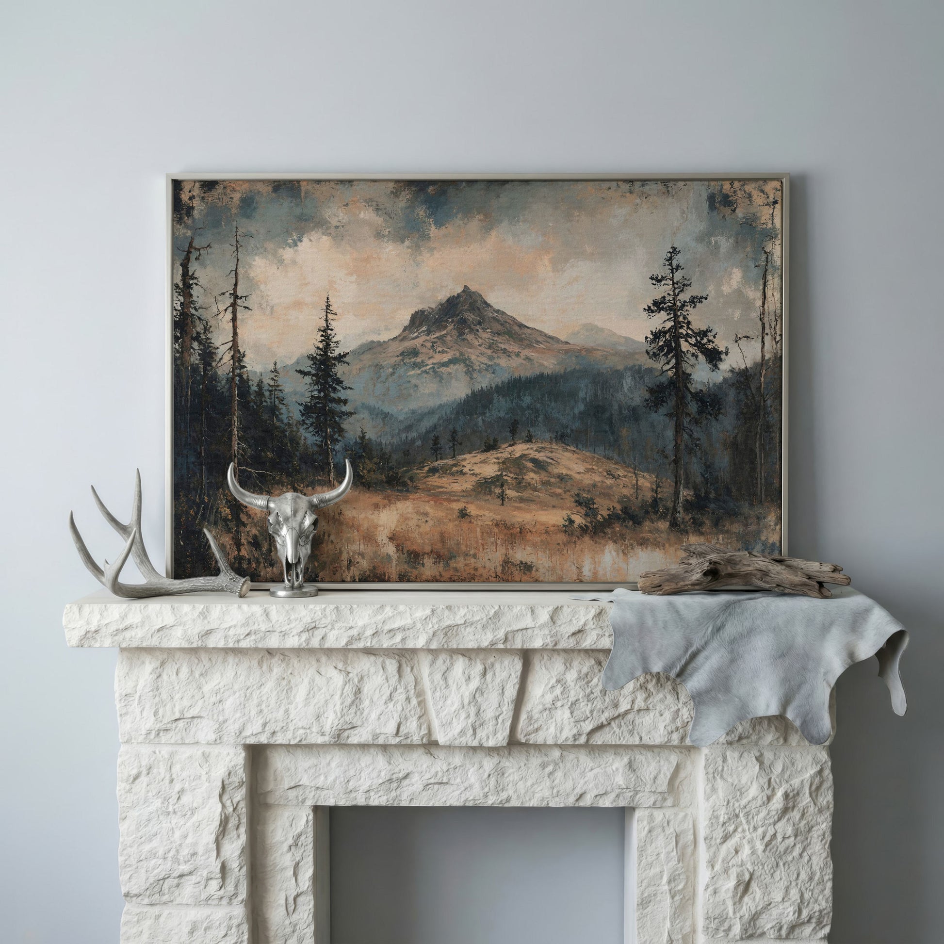 Mountain Wilderness Forest Canvas in silver floating frame