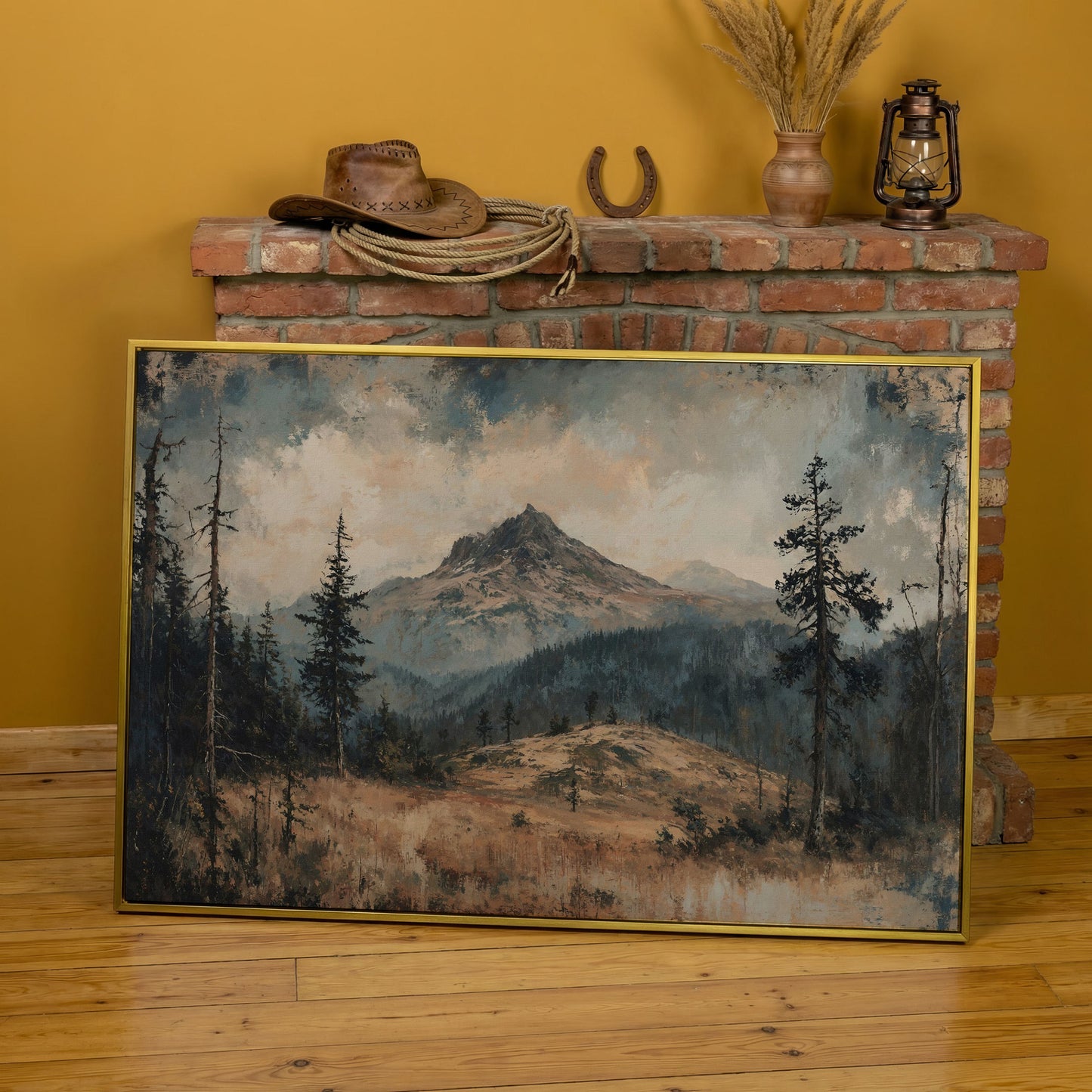 Mountain Wilderness Forest Canvas in yellow gold floating frame
