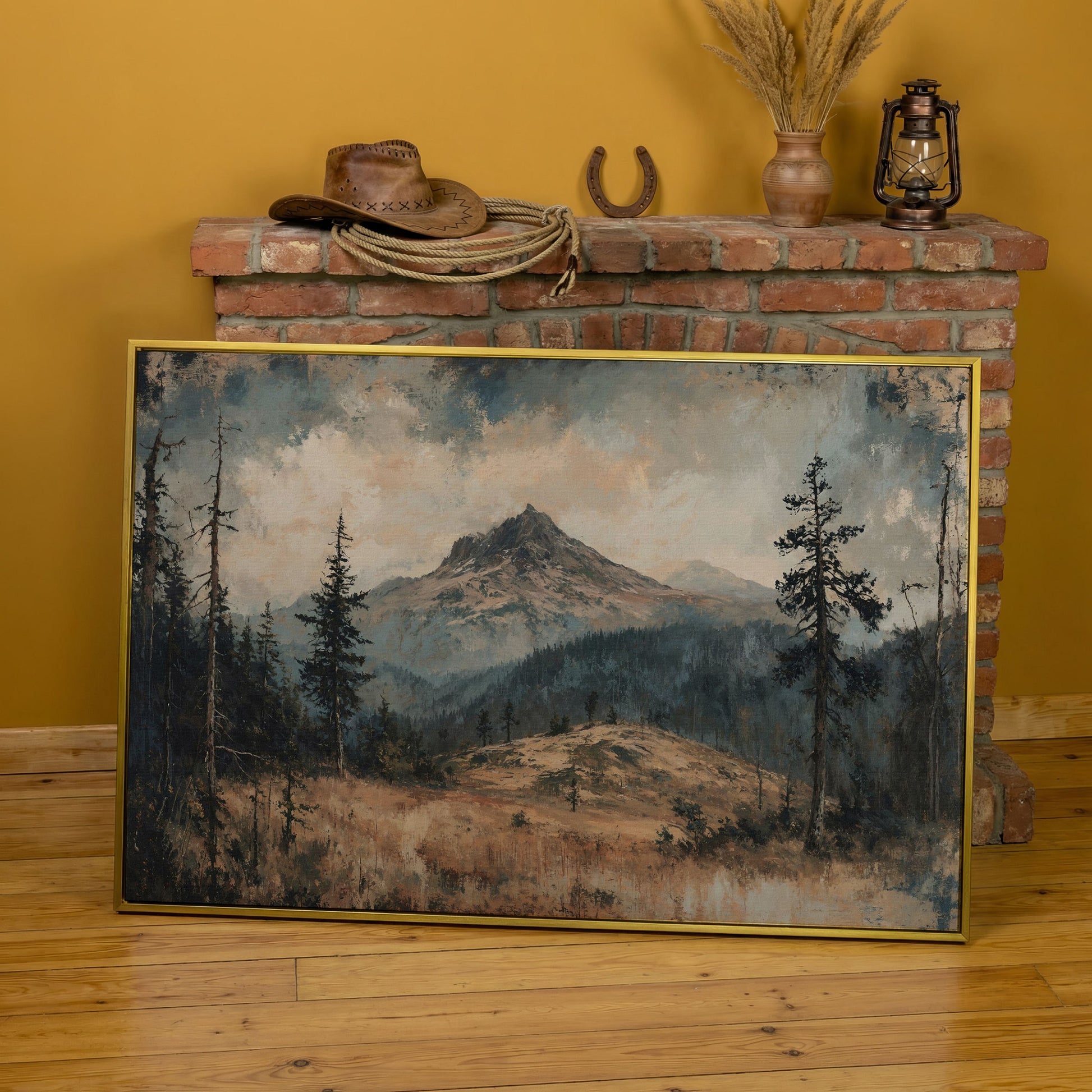 Mountain Wilderness Forest Canvas in yellow gold floating frame