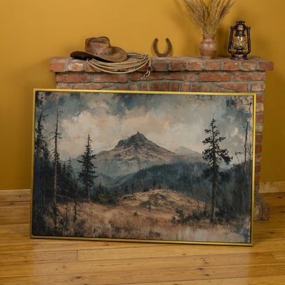 Mountain Wilderness Forest Canvas in yellow gold floating frame
