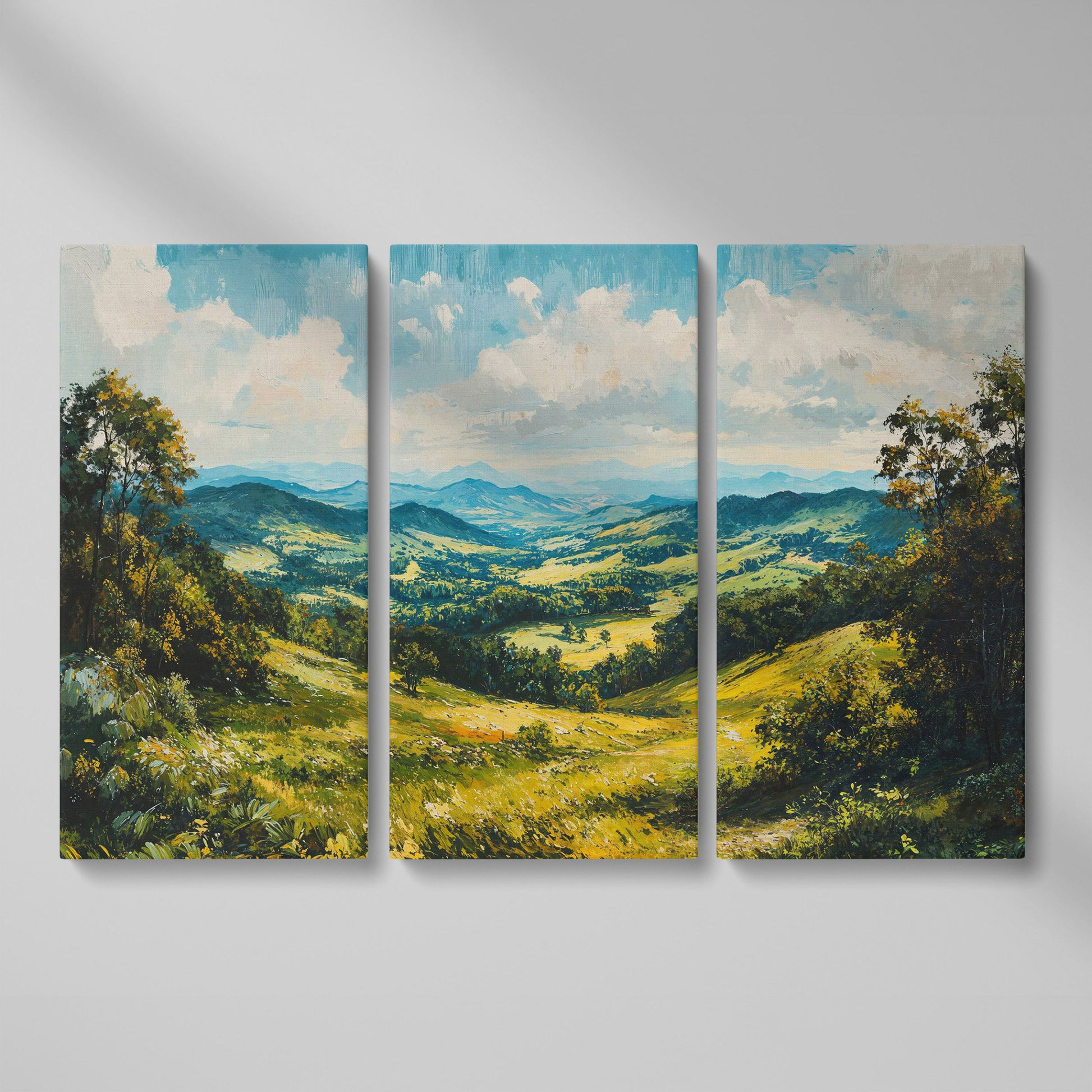 Rolling Hills Canvas Print - Olive Mountain Landscape as 3-panel split version
