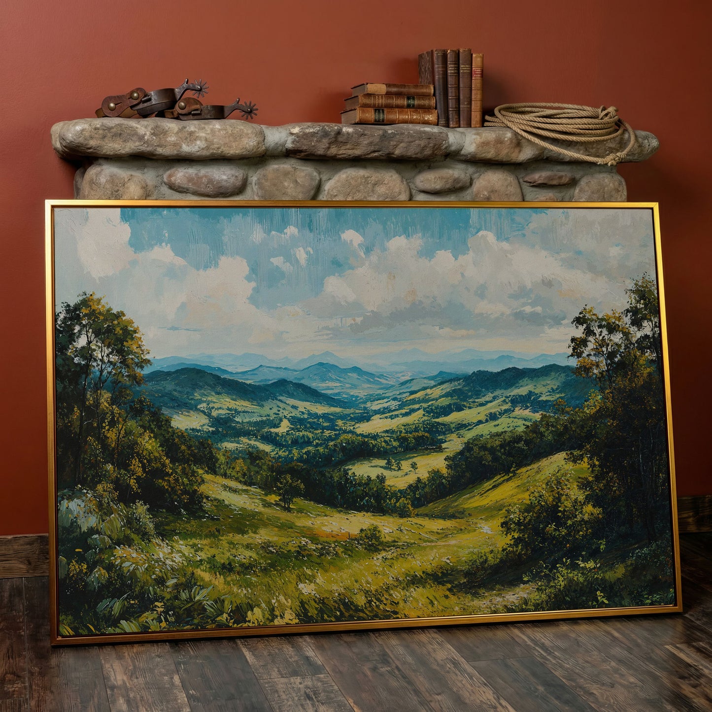 Rolling Hills Canvas Print - Olive Mountain Landscape in antique gold floating frame
