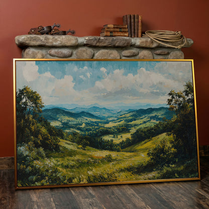 Rolling Hills Canvas Print - Olive Mountain Landscape in antique gold floating frame