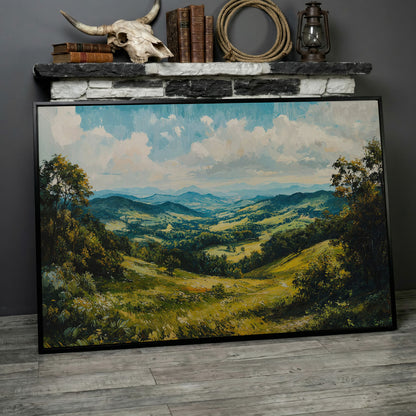 Rolling Hills Canvas Print - Olive Mountain Landscape in black floating frame