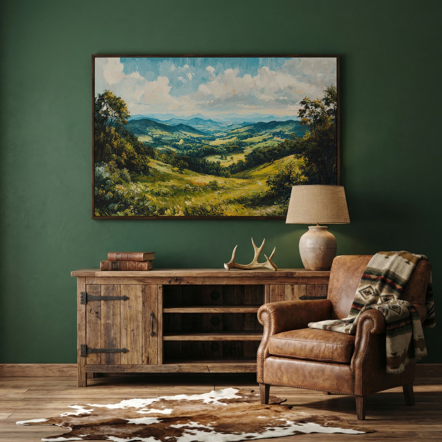 Rolling Hills Canvas Print - Olive Mountain Landscape in dark walnut floating frame