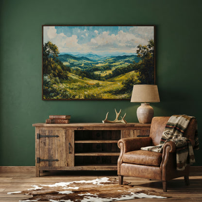 Rolling Hills Canvas Print - Olive Mountain Landscape in dark walnut floating frame