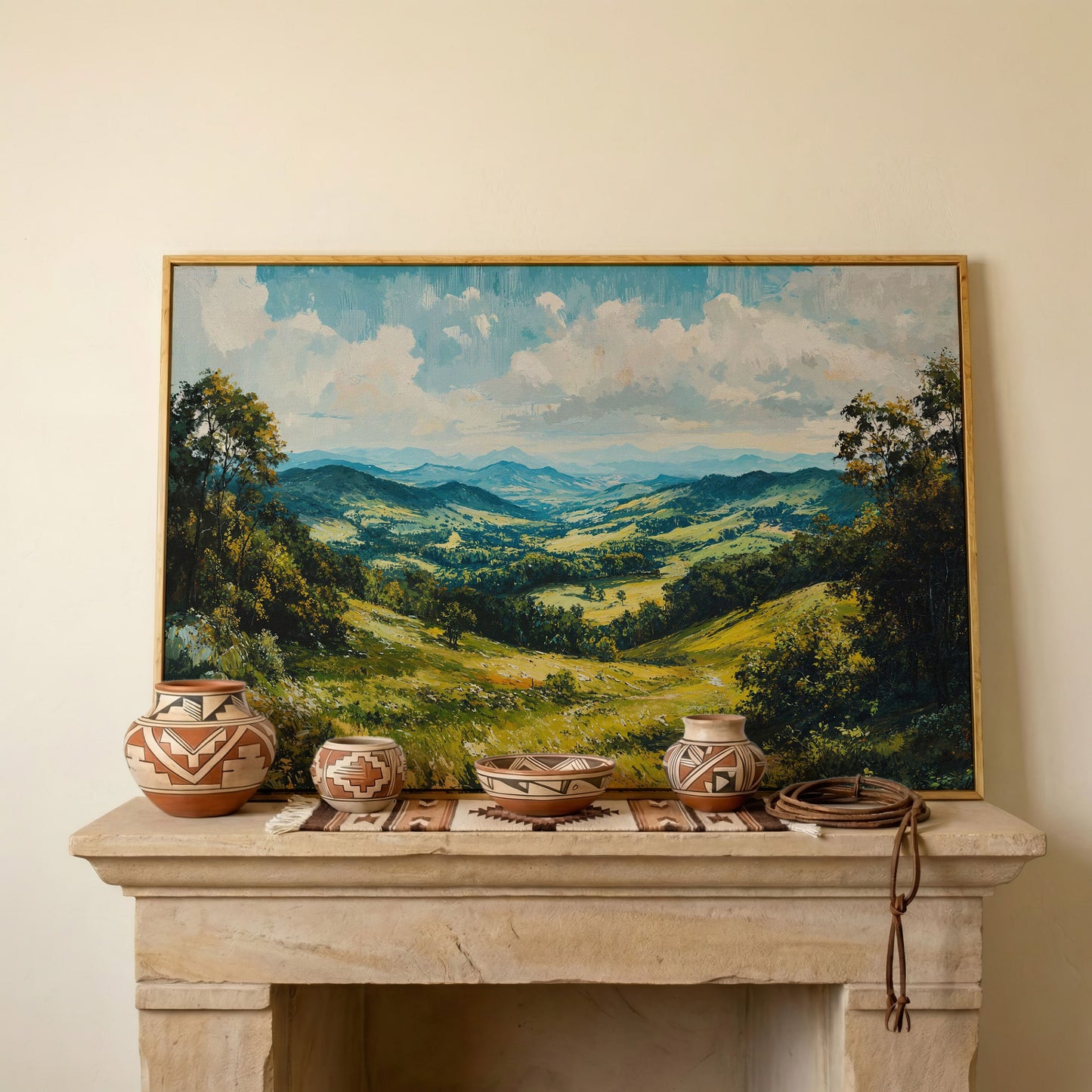 Rolling Hills Canvas Print - Olive Mountain Landscape in white oak floating frame
