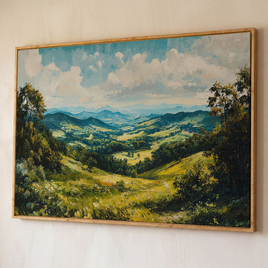Rolling Hills Canvas Print - Olive Mountain Landscape shown in white oak floating frame