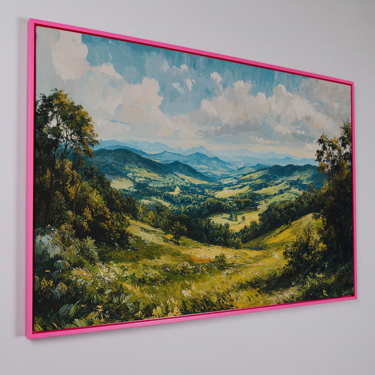 Rolling Hills Canvas Print - Olive Mountain Landscape in pink floating frame