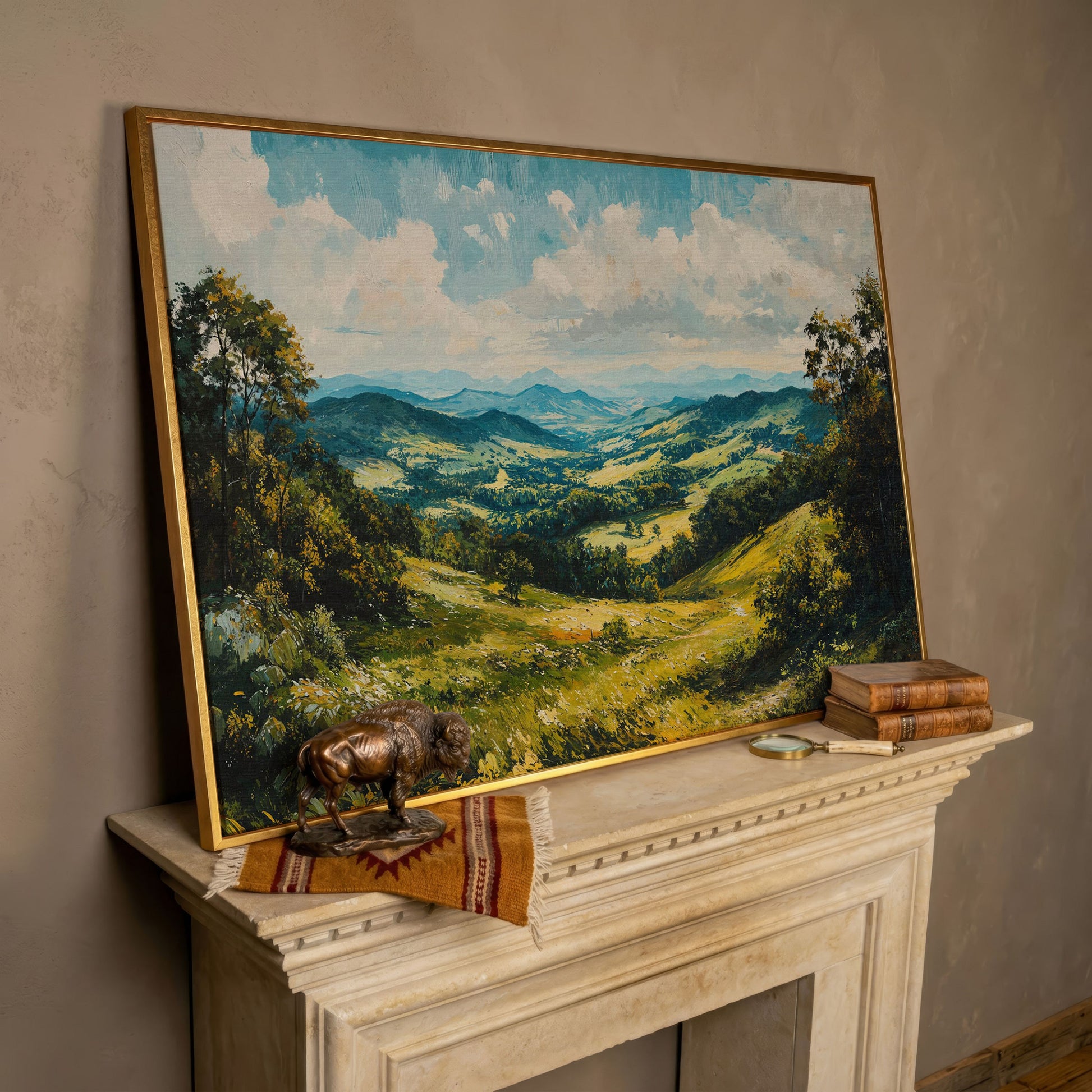 Rolling Hills Canvas Print - Olive Mountain Landscape in rose gold floating frame