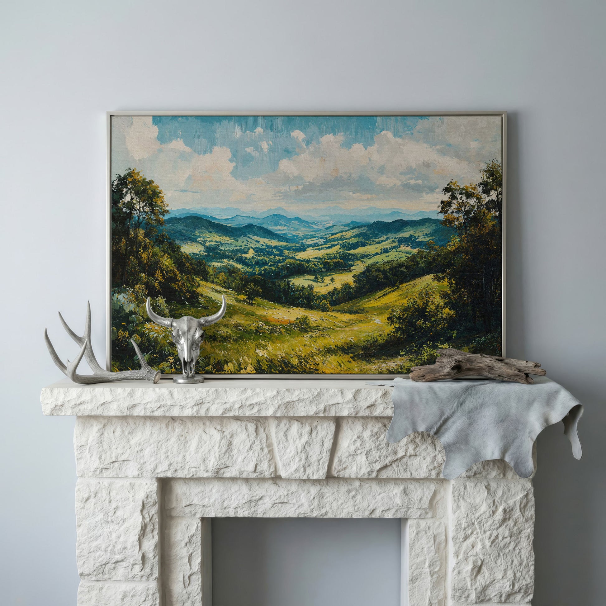 Rolling Hills Canvas Print - Olive Mountain Landscape in silver floating frame
