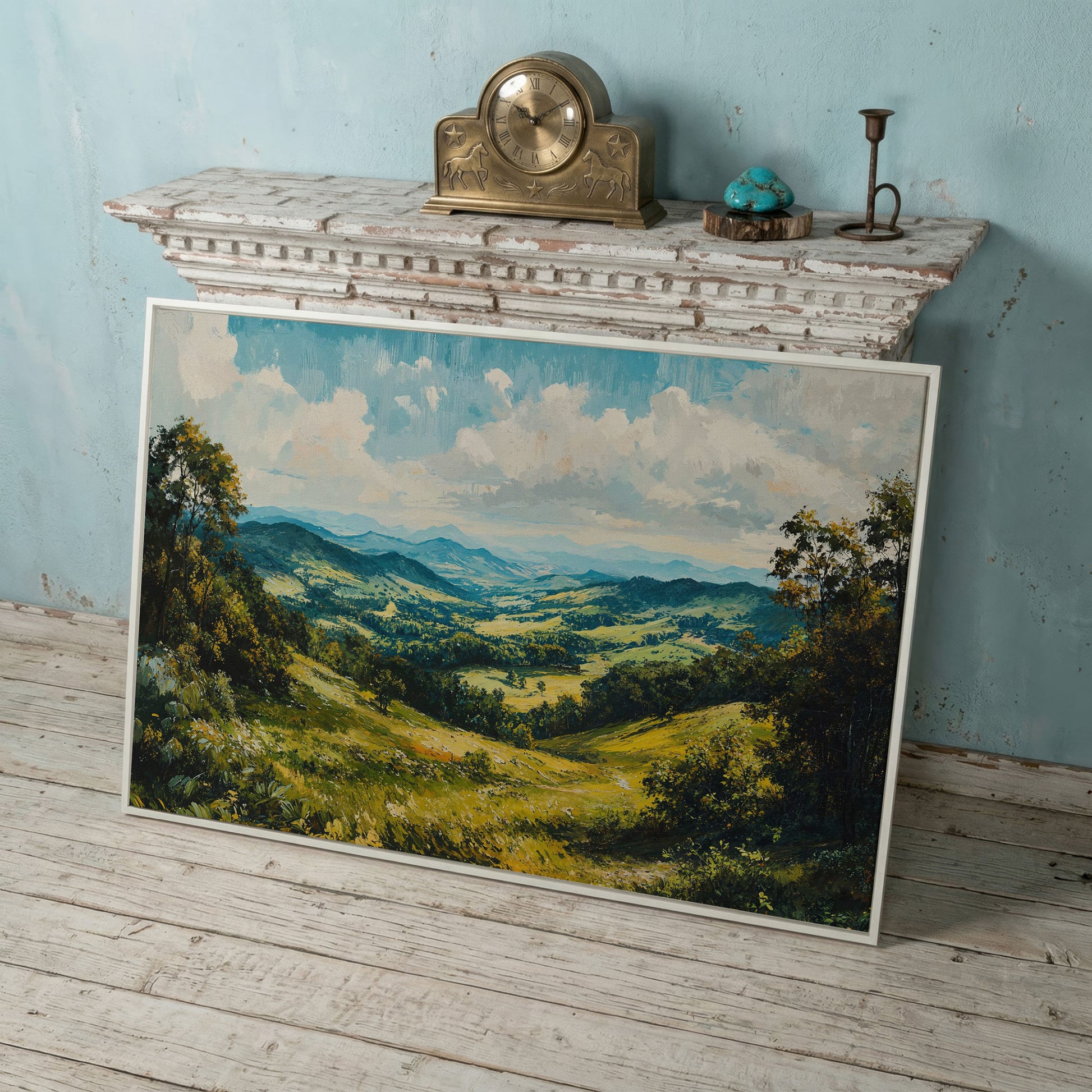 Rolling Hills Canvas Print - Olive Mountain Landscape in white floating frame