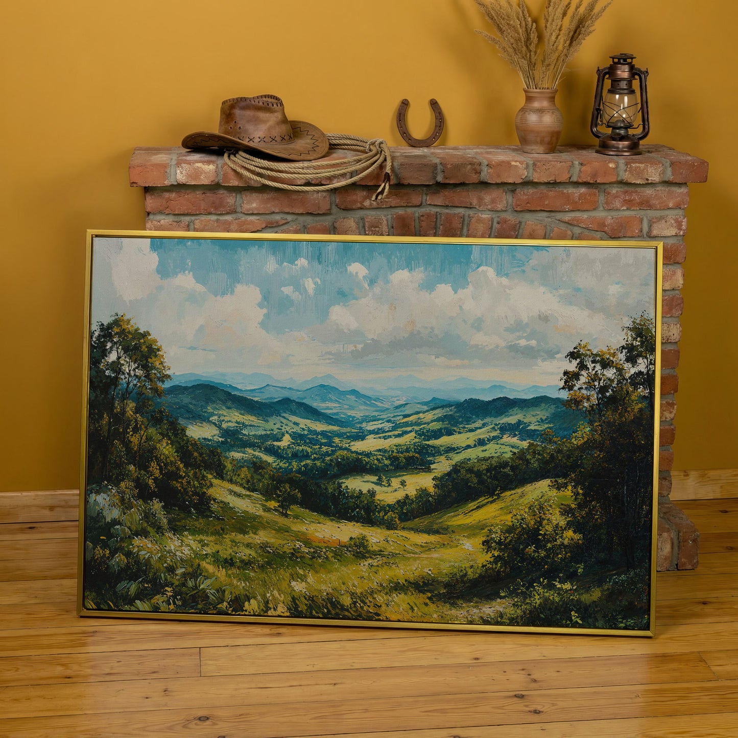 Rolling Hills Canvas Print - Olive Mountain Landscape in yellow gold floating frame