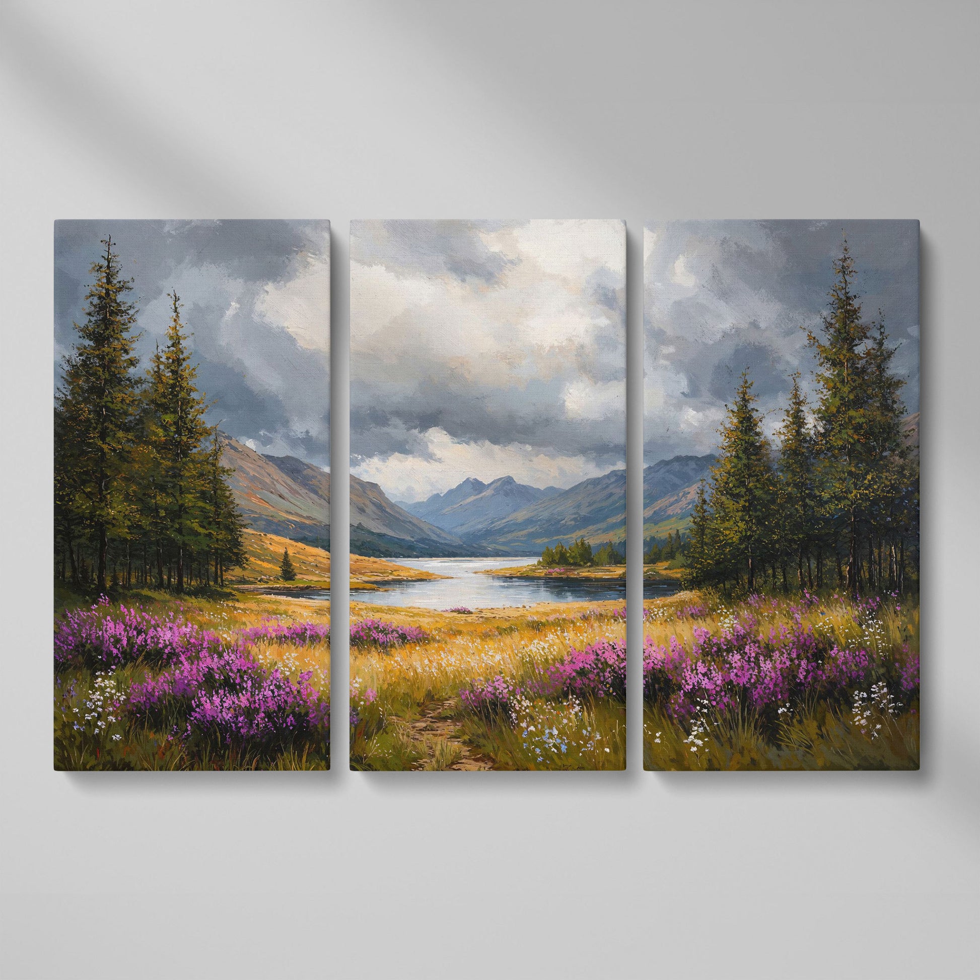 Mountain Lake with Wildflowers Canvas as 3-panel split version