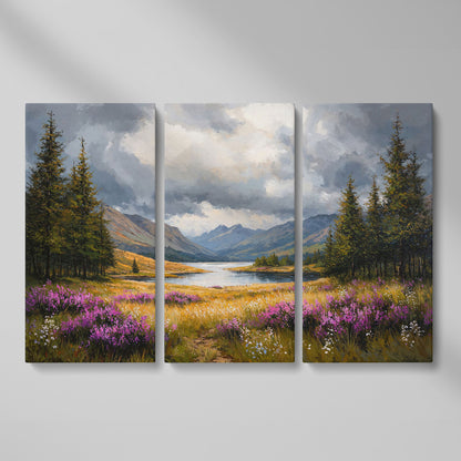 Mountain Lake with Wildflowers Canvas as 3-panel split version