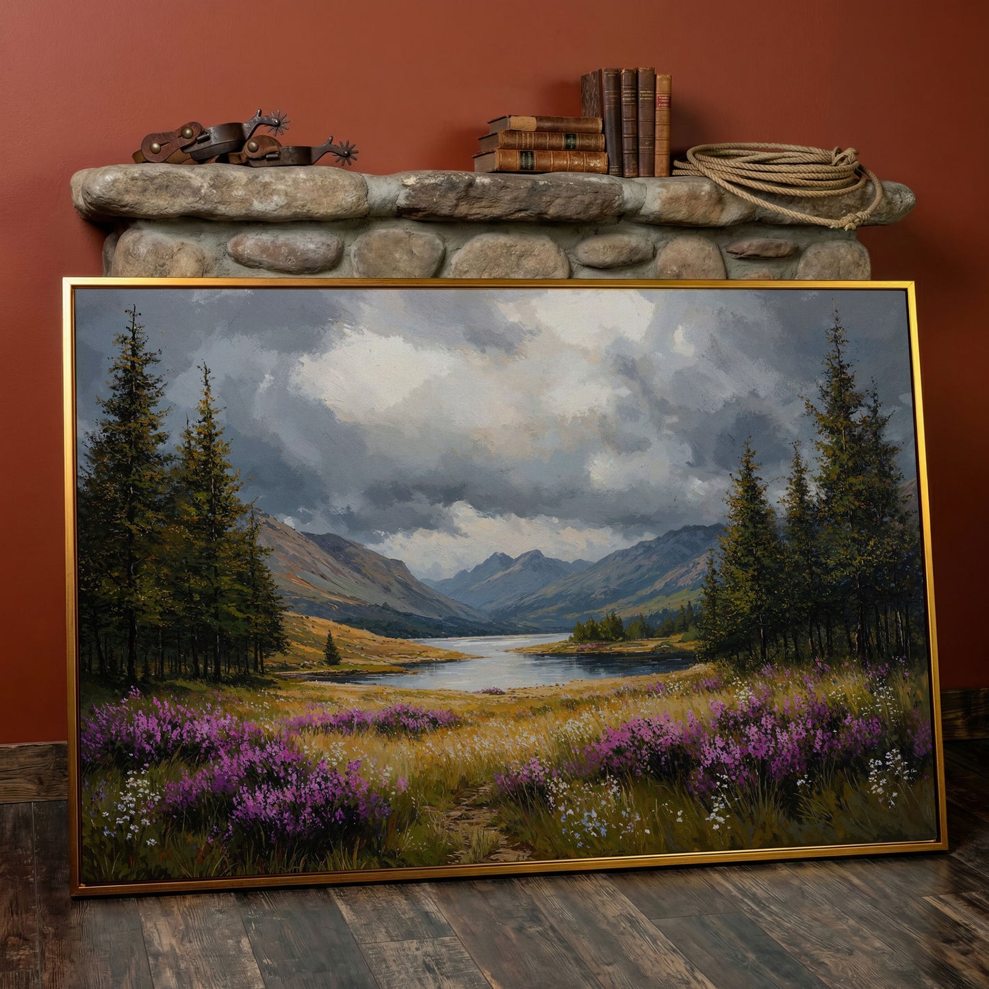Mountain Lake with Wildflowers Canvas in antique gold floating frame