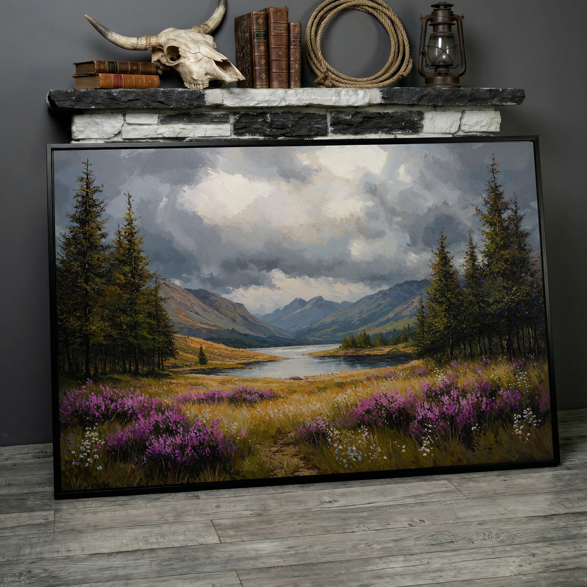 Mountain Lake with Wildflowers Canvas in black floating frame