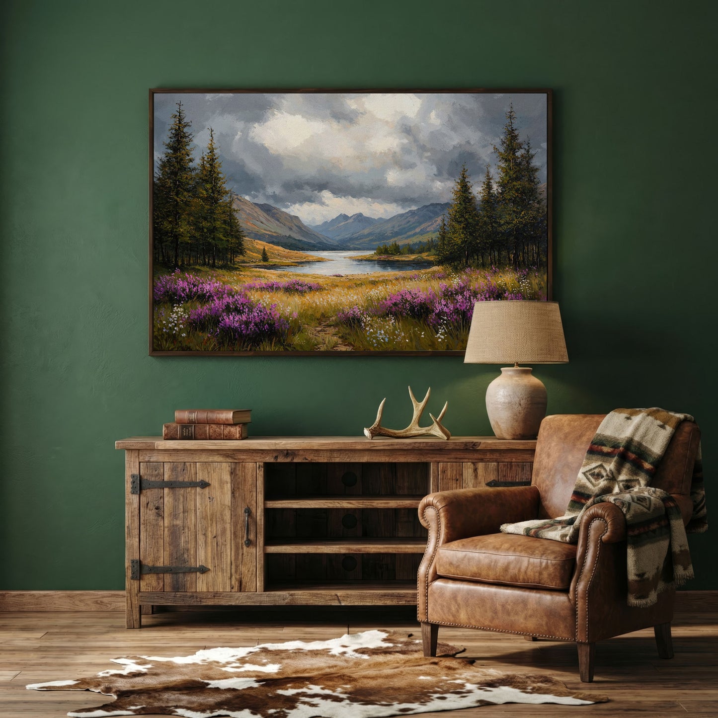 Mountain Lake with Wildflowers Canvas in dark walnut floating frame
