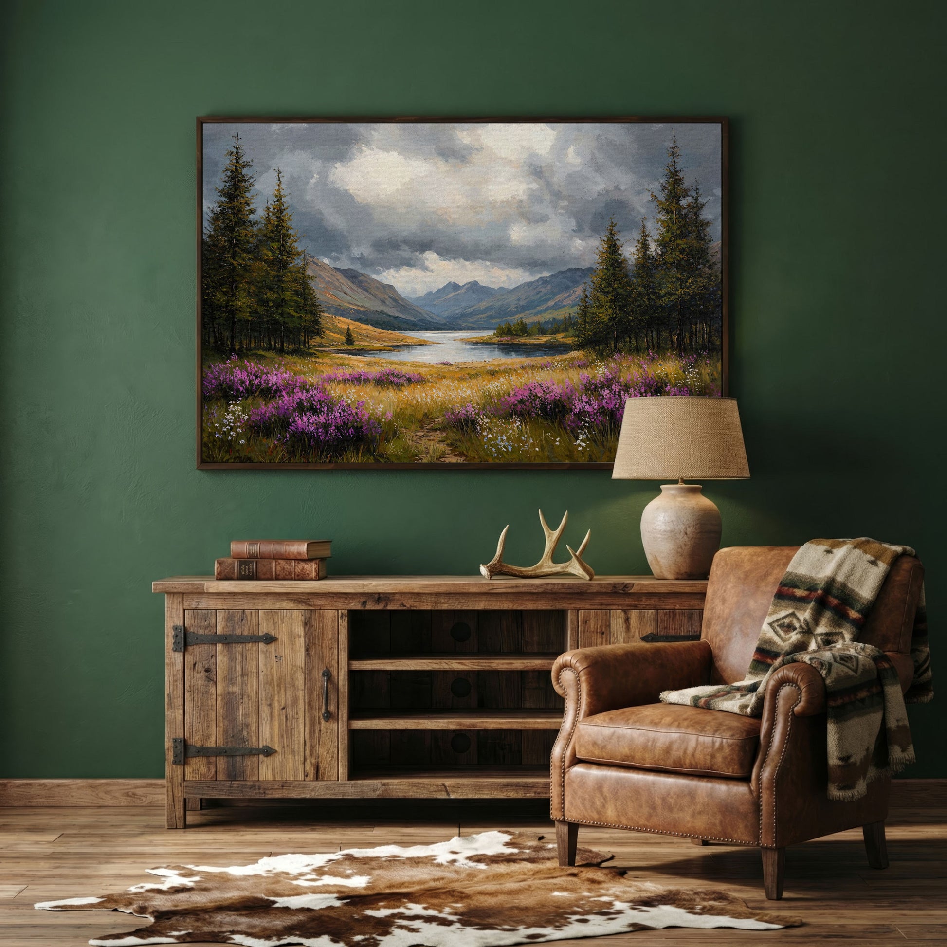 Mountain Lake with Wildflowers Canvas in dark walnut floating frame