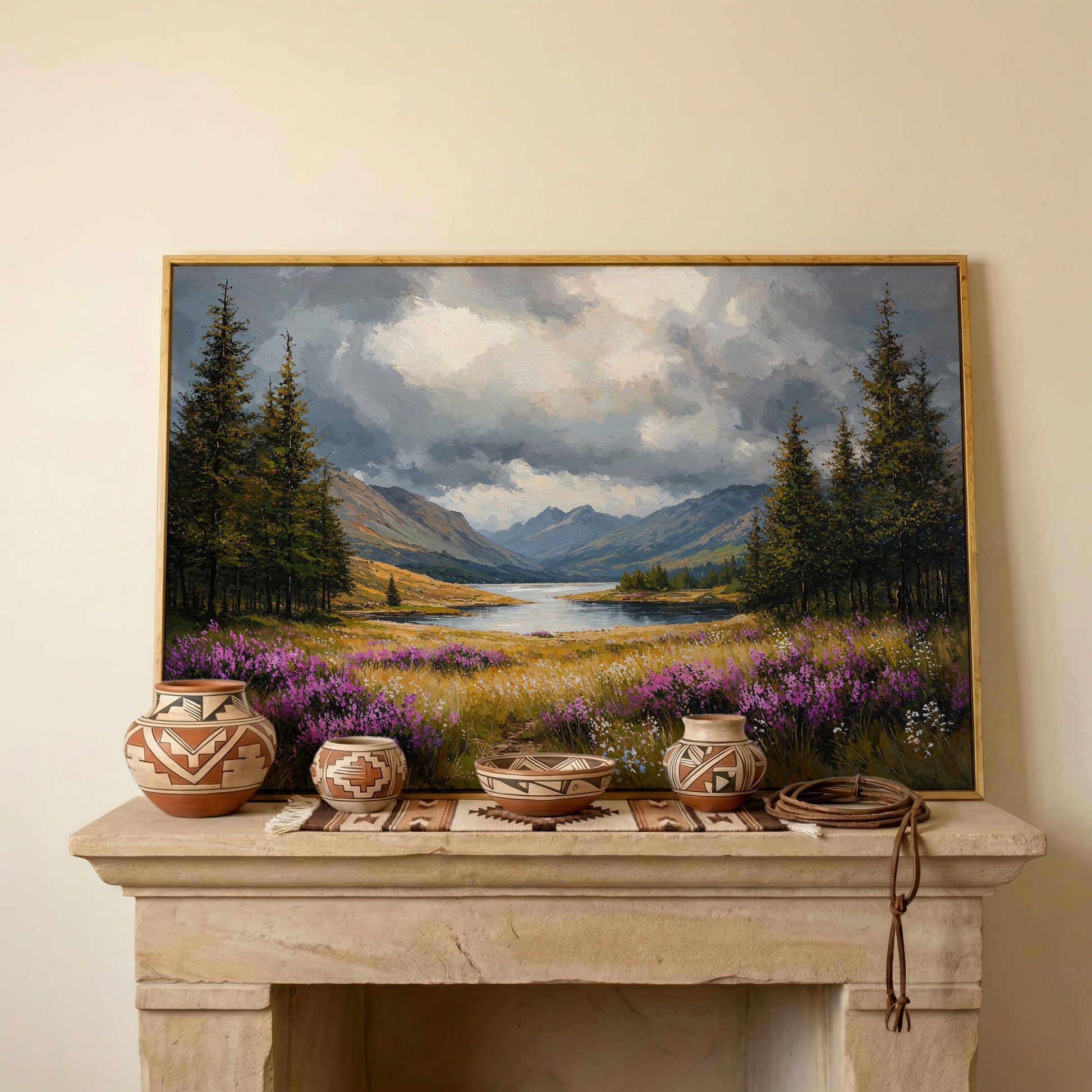 Mountain Lake with Wildflowers Canvas in white oak floating frame