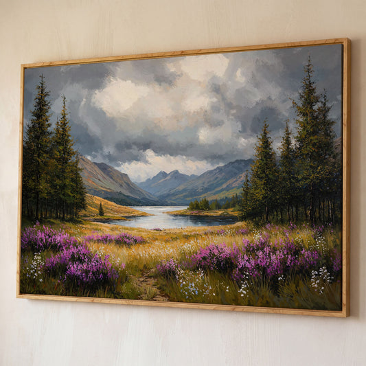 Mountain Lake with Wildflowers Canvas shown in white oak floating frame