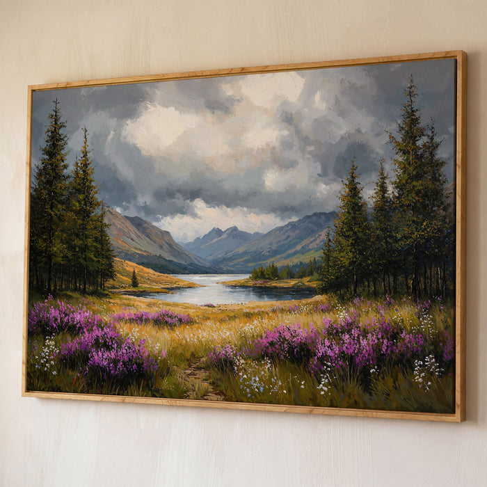 Mountain Lake with Wildflowers Canvas shown in white oak floating frame