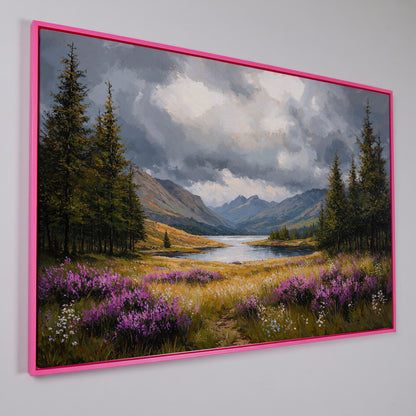 Mountain Lake with Wildflowers Canvas in pink floating frame