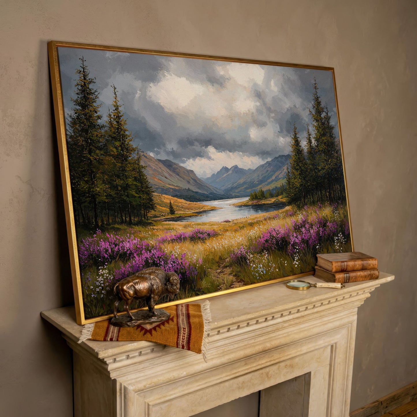 Mountain Lake with Wildflowers Canvas in rose gold floating frame