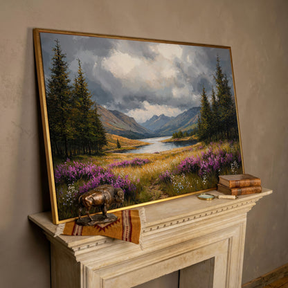 Mountain Lake with Wildflowers Canvas in rose gold floating frame