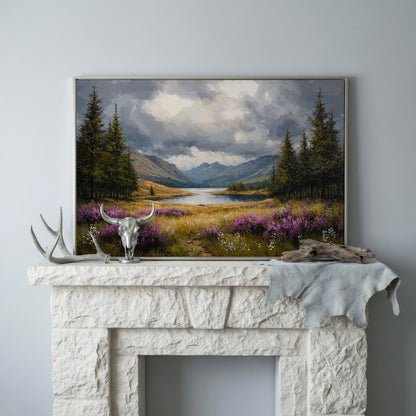 Mountain Lake with Wildflowers Canvas in silver floating frame
