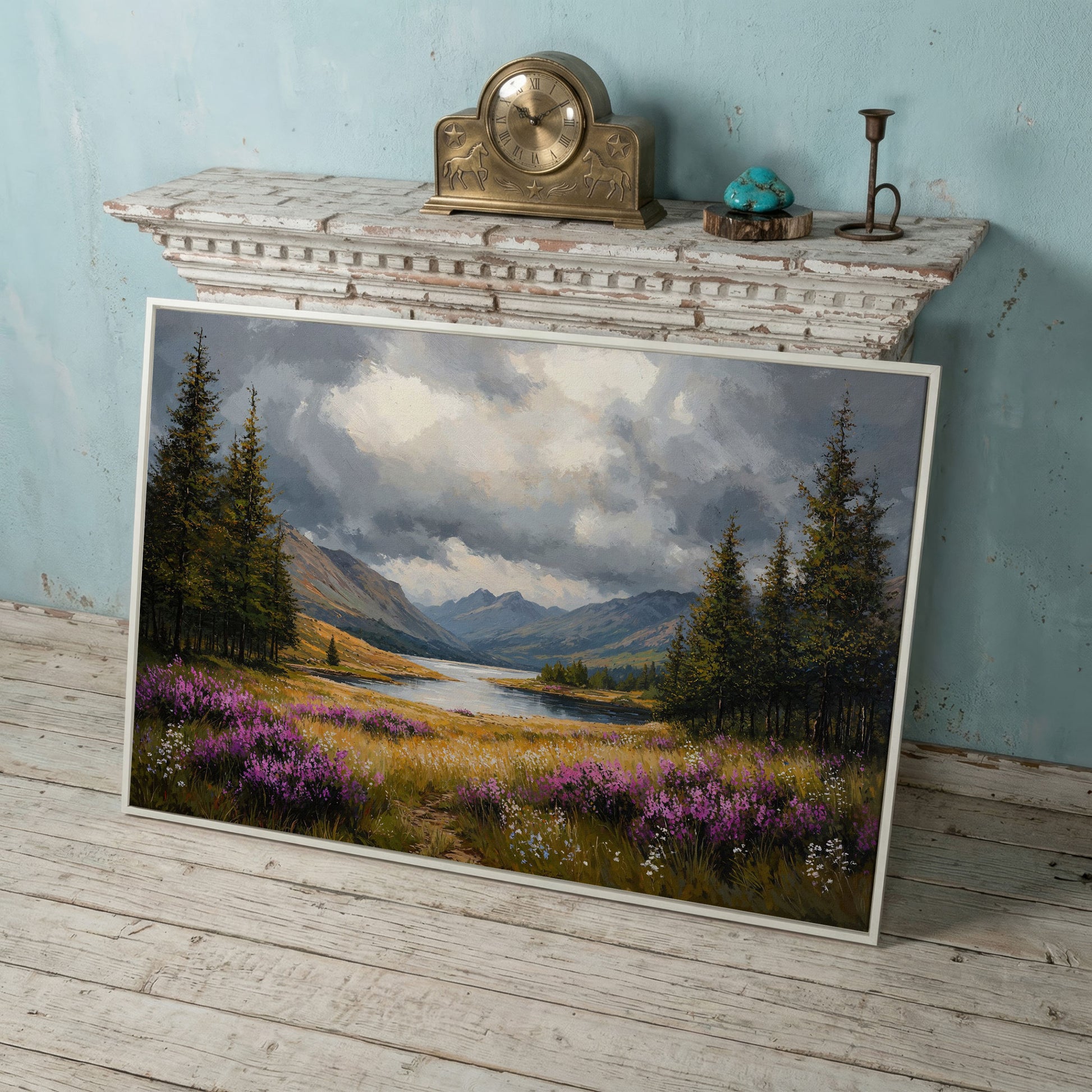 Mountain Lake with Wildflowers Canvas in white floating frame