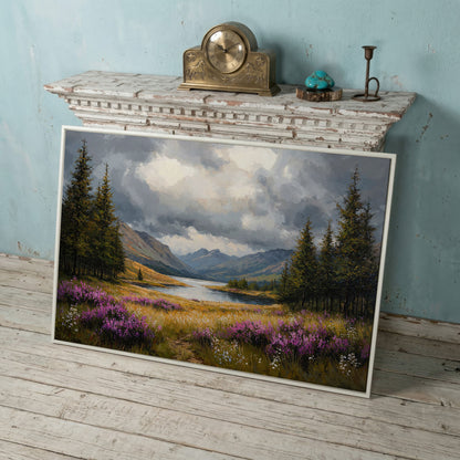 Mountain Lake with Wildflowers Canvas in white floating frame