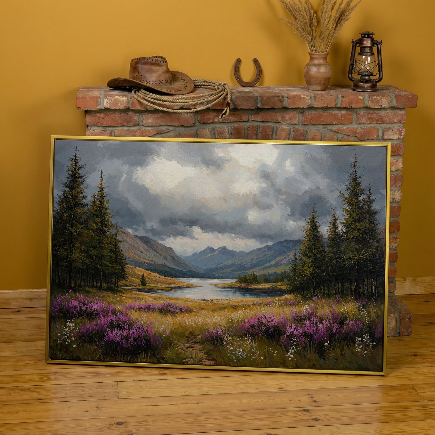 Mountain Lake with Wildflowers Canvas in yellow gold floating frame