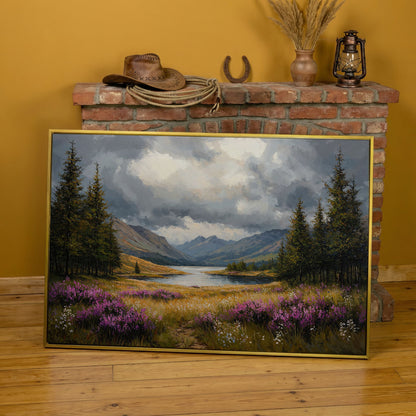 Mountain Lake with Wildflowers Canvas in yellow gold floating frame