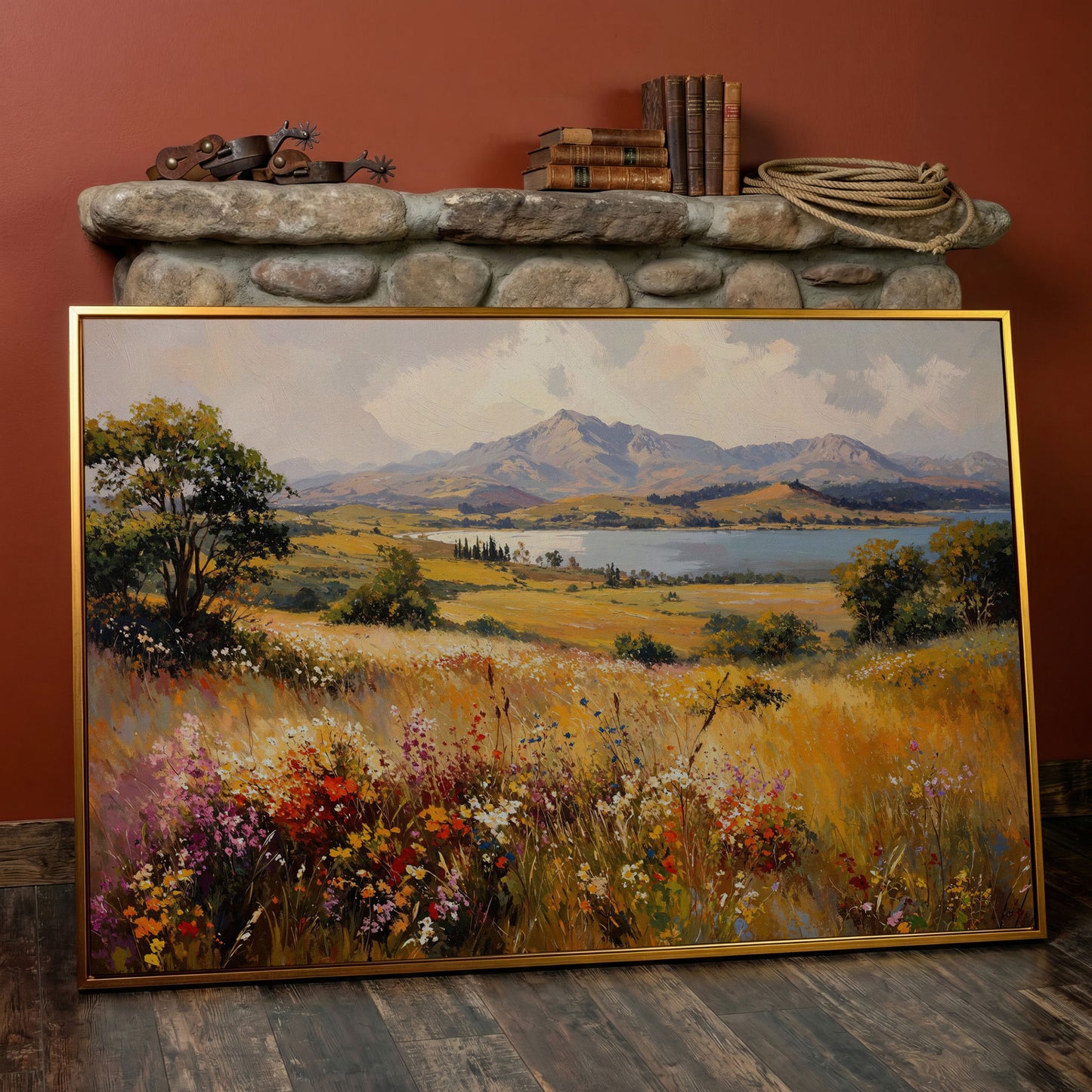 Mountain Lake with Ochre Meadow Canvas in antique gold floating frame