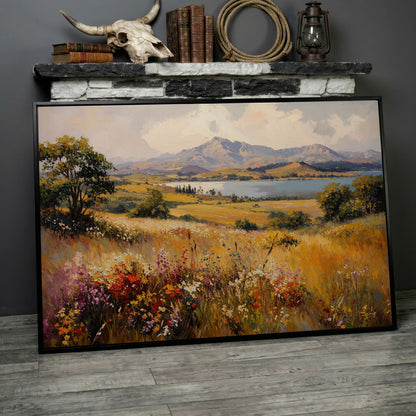 Mountain Lake with Ochre Meadow Canvas in black floating frame