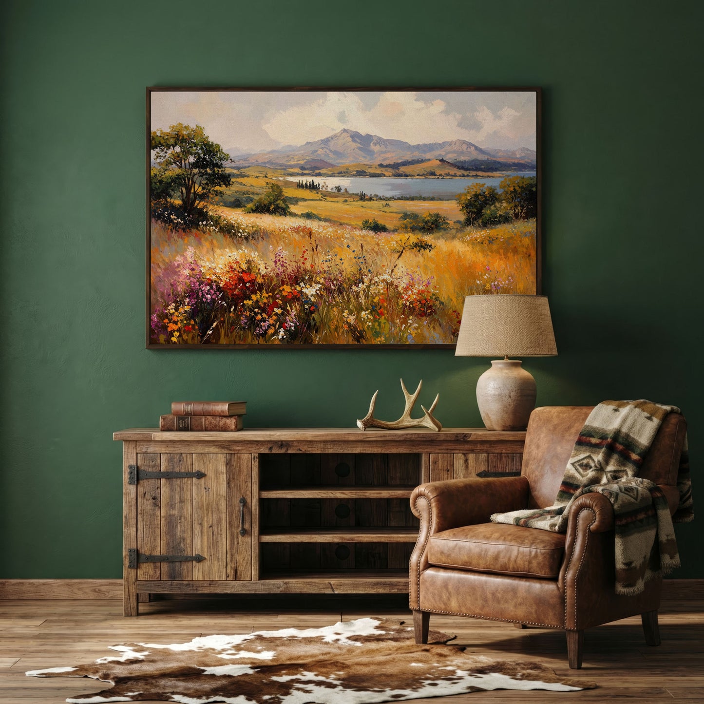 Mountain Lake with Ochre Meadow Canvas in dark walnut floating frame