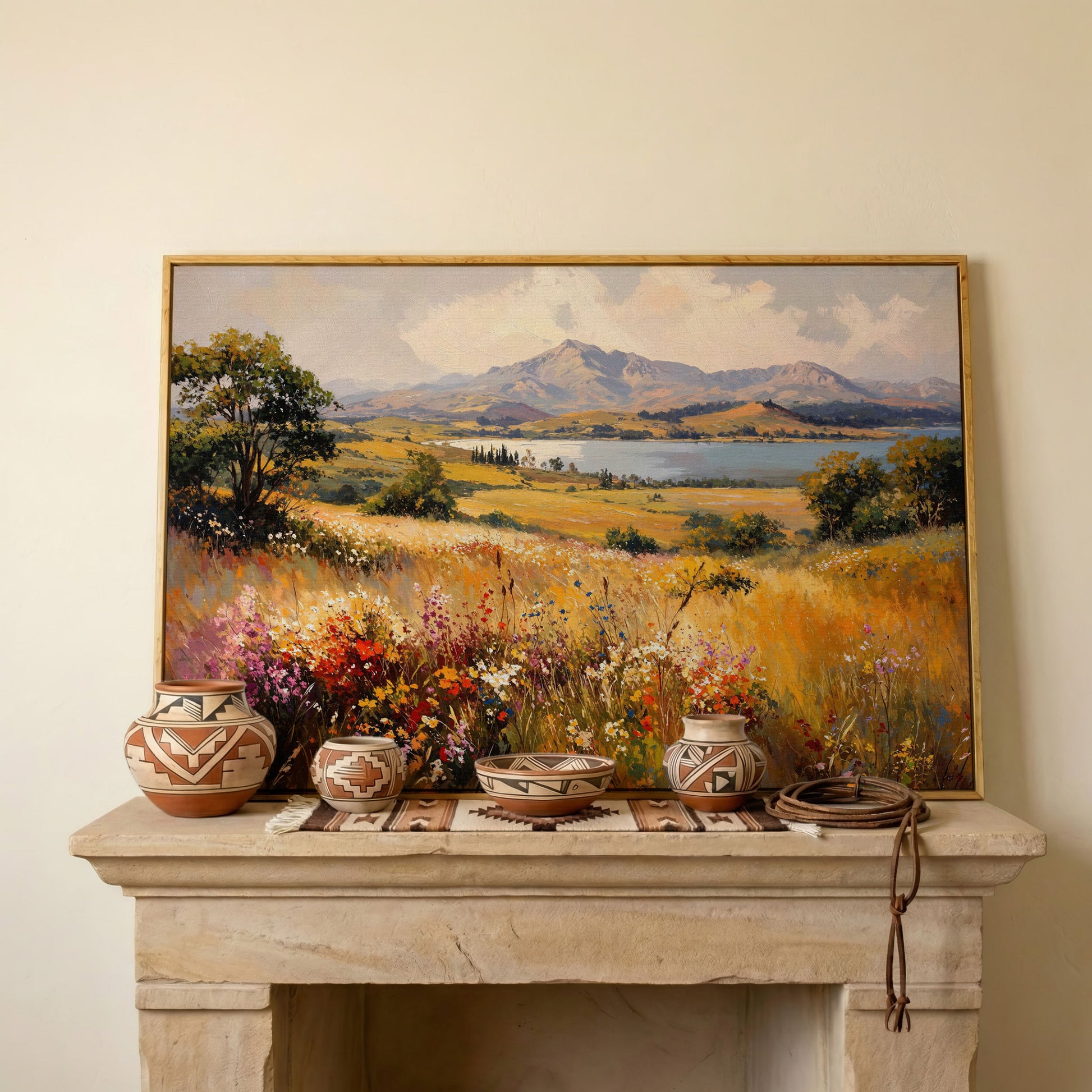 Mountain Lake with Ochre Meadow Canvas in white oak floating frame
