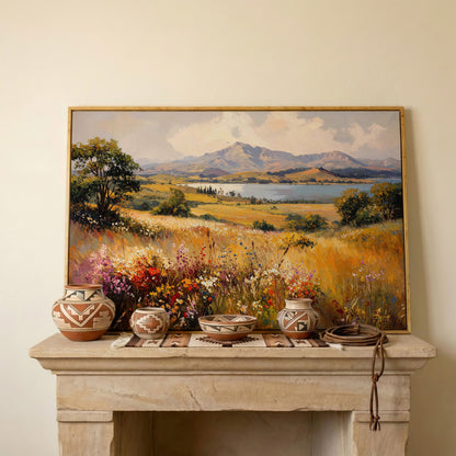 Mountain Lake with Ochre Meadow Canvas in white oak floating frame
